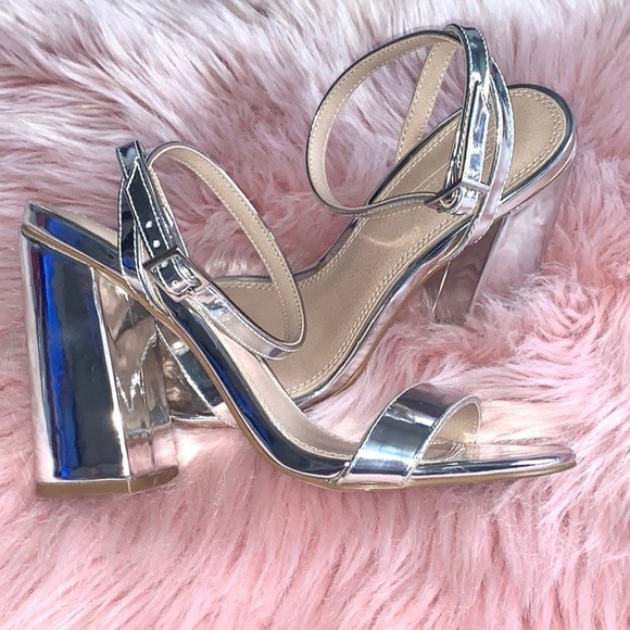 ASOS Hermione Silver Mirror Block Heel Sandals - Picture 1 of 11